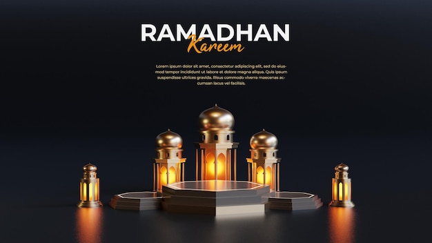PSD islamic ramadan greeting card template with 3d crescent moon and arabic lantern