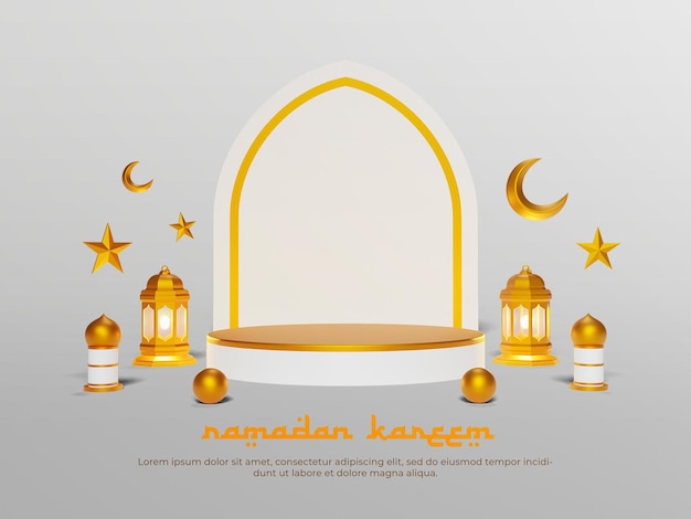 Islamic ramadan greetings background composition with 3d lantern and round podium stage