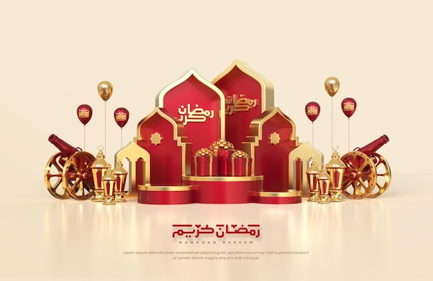 Islamic ramadan greetings, composition with 3d arabic lantern, gift box. traditional cannon and round podium stage with mosque ornament