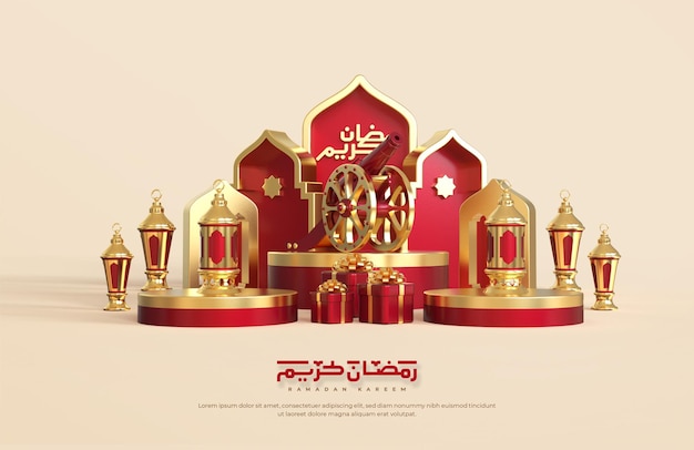 Islamic ramadan greetings, composition with 3d arabic lantern, gift box. traditional cannon and round podium stage with mosque ornament