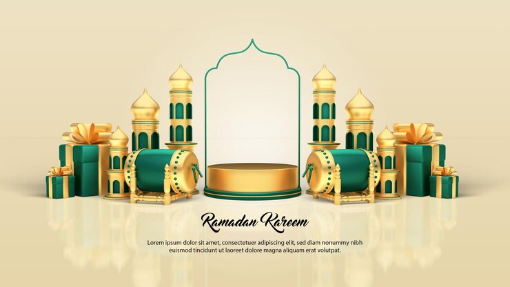 PSD islamic ramadan greetings composition with 3d traditional drum gift box mosque and round podium