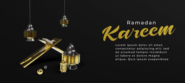 Composizione di saluti del ramadan islamico con cannone lanterna tradizionale 3d su sfondo scuro