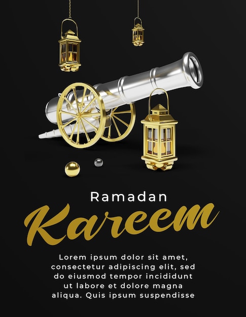 PSD islamic ramadan greetings composition with 3d traditional lantern cannon on dark background