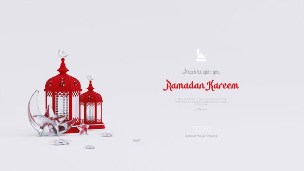 かわいいアラビア語のランタン三日月形の装飾品で飾られたイスラムラマダンカリーム挨拶の背景