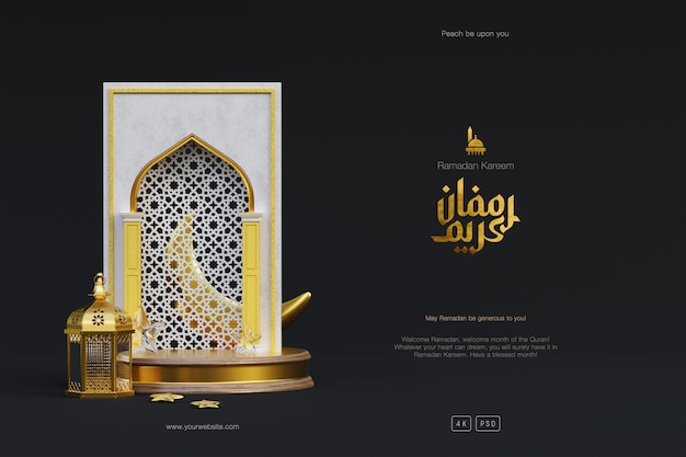 Sfondo di saluto islamico ramadan kareem con moschea d'oro 3d podio lanterna e ornamenti a mezzaluna