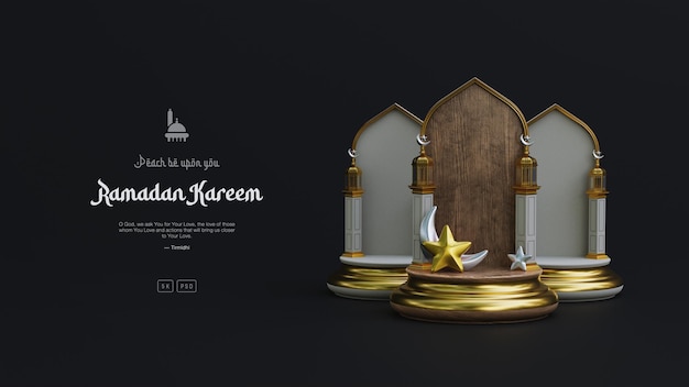 Islamic ramadan kareem greeting background with cute mosque podium crescent ornaments dark scene