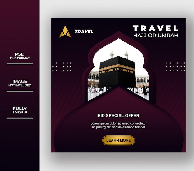 PSD modello di banner tour e viaggi islamici umrah e hajj