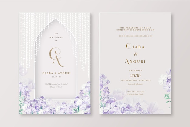 紫の花とイスラムの結婚式の招待状