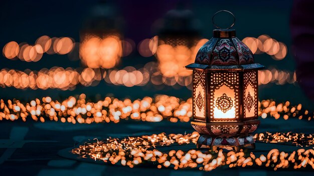 PSD islamitisch versierd achtergrondontwerp met verlichting ramadan mubarak