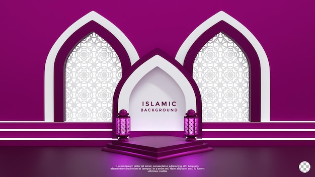 Islamitische 3d-podiumdecoratie in paarse achtergrondkleur