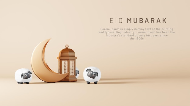 PSD islamitische eid al adha mubarak achtergrond met 3d-weergave van schapen en lantaarn