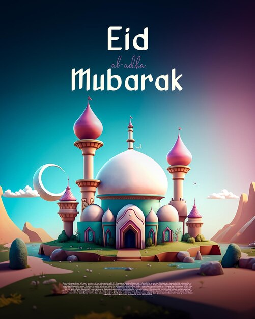 PSD islamitische groeten sociale media post eid al adha mubarak 3d cartoonstijl generatieve ai