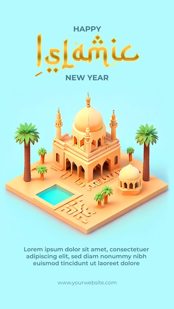 Islamitische nieuwjaarsfestiviteiten in isometrische moskeeillustratie