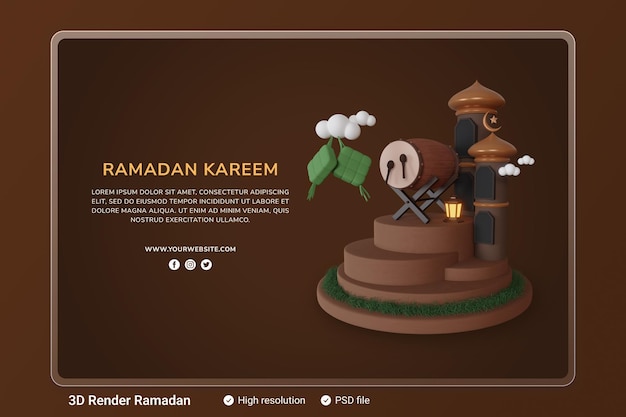 Islamitische ramadan begroetingsachtergrond met trommel, moskee en islamitische halve maan ornamenten 3d illustratie