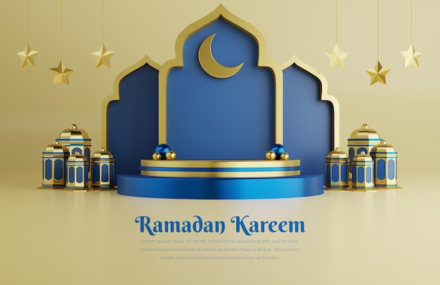 PSD islamitische ramadan groet achtergrond met 3d moskee ornament ster en arabische lantaarns