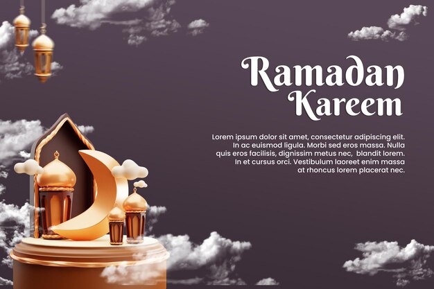 Islamitische ramadan-groetsjabloon met 3d-moskeemaan en arabische lantaarn