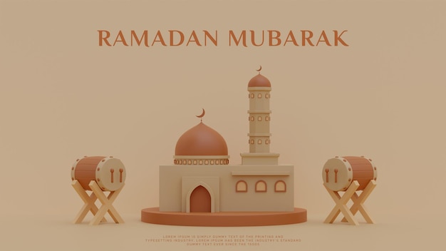 Islamitische ramadan kareem eid mubarak achtergrond sjabloon voor spandoek met 3d render moskee en drum