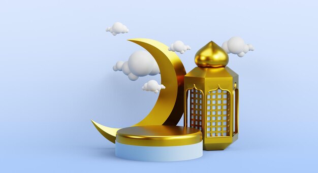 islamska dekoracja wyświetlacza podium ze złotą latarnią i renderowaniem 3d księżyca