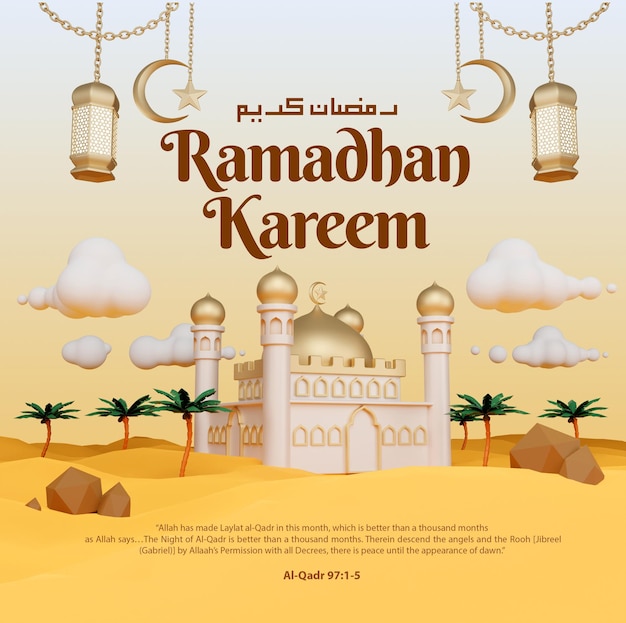 Islamska ramadan kareem powitanie post na instagramie w mediach społecznościowych i baner z szablonem ilustracji 3D