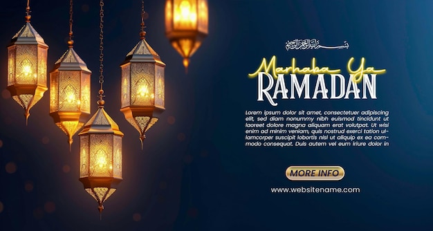Islamski Projekt Szablonu Ramadan Kareem Z 3d Realistyczną Złotą Latarnią Ustawioną Na Niebieskim Tle