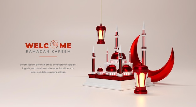 Islamski ramadan pozdrowienie tło z meczetem 3d i islamskimi ornamentami półksiężyca