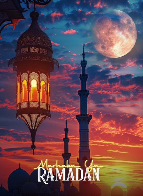 PSD islamski wzór plakatu festiwalu eid ramadan lampa z meczetem