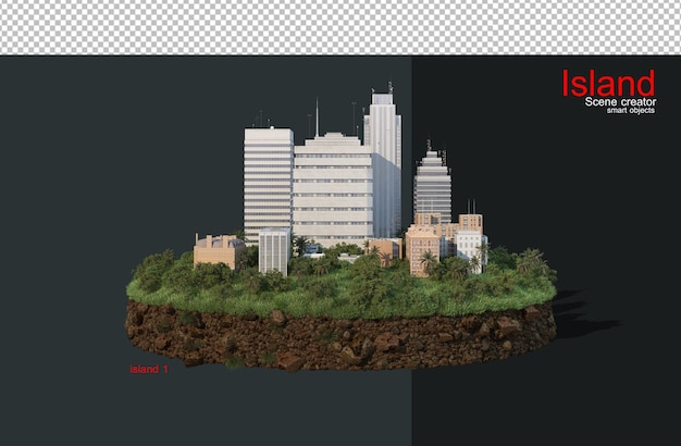 an island with many trees and buildings