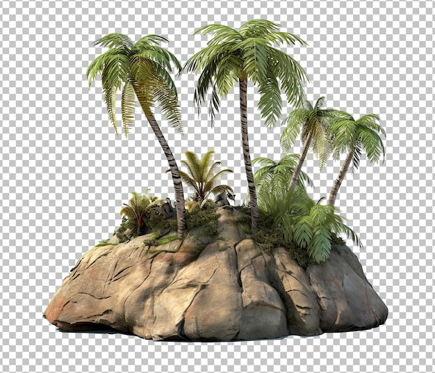 Island with palm trees on white background Cutout trees and green bushes Forest rocks png