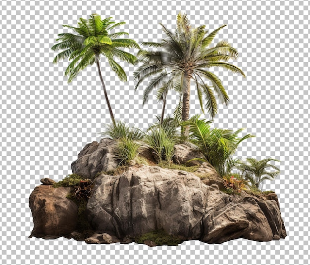 Island with palm trees on white background Cutout trees and green bushes Forest rocks png