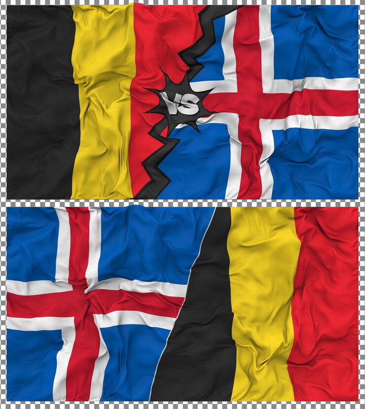 PSD islandia przeciwko belgii półkombinowana flaga cloth bump texture rendering 3d