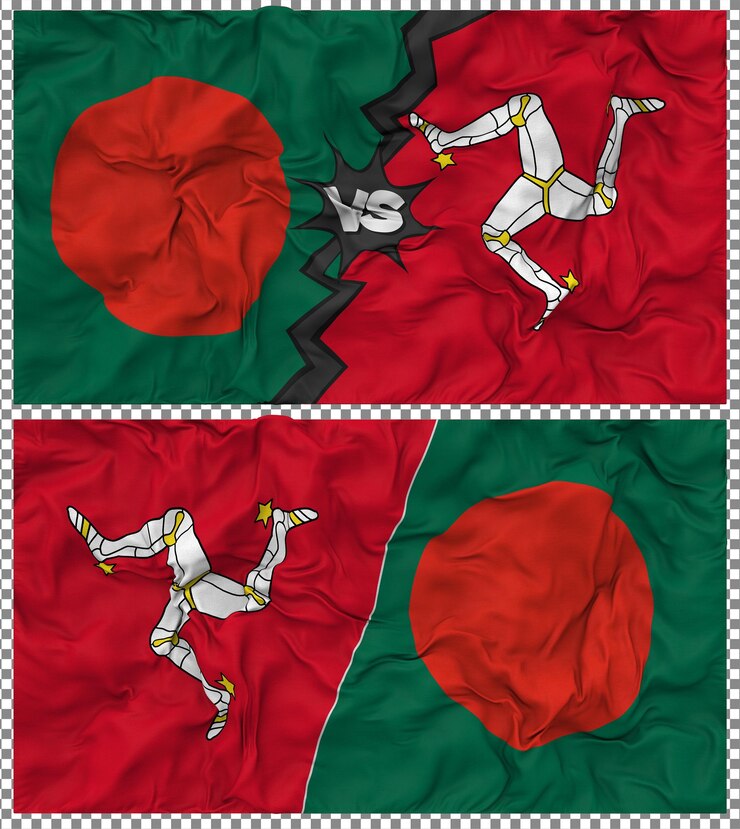 PSD isle of man vs bangladesh half combined flag cloth bump texture 3d rendering
