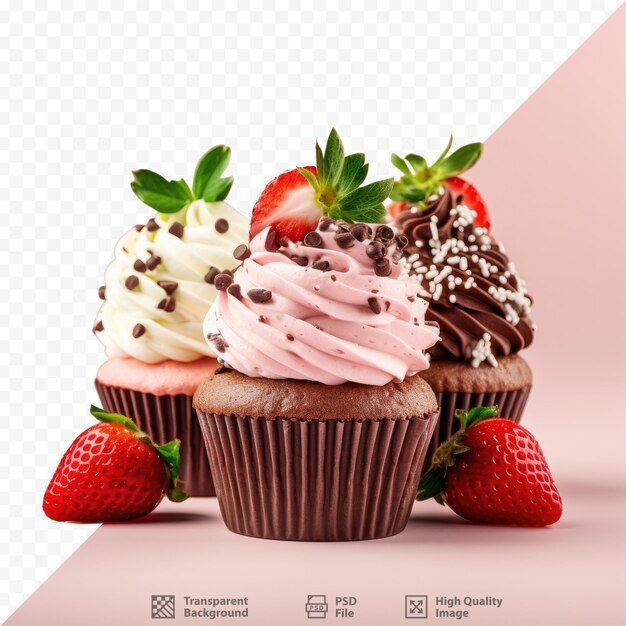 Isolare i cupcakes con panna montata e decorazioni di cioccolato alla fragola su sfondo trasparente