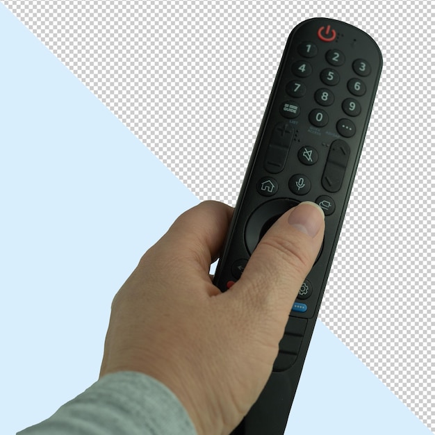 Isolate hand holding a remote control at a television remote control on transparent background