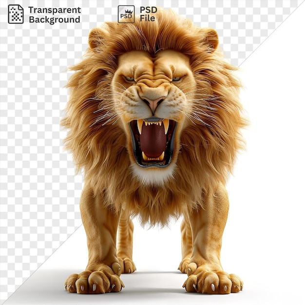 Isolated 3d animated lion roaring majestically on isolated background with brown ears eyes and nose and an open mouth