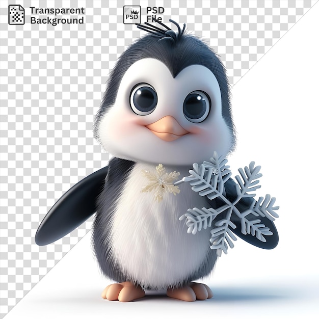 PSD pinguino animato 3d isolato che scivola con un fiocco di neve con occhi neri un naso rosa e arancione e un piede arancione mentre un pinguino bianco e nero guarda