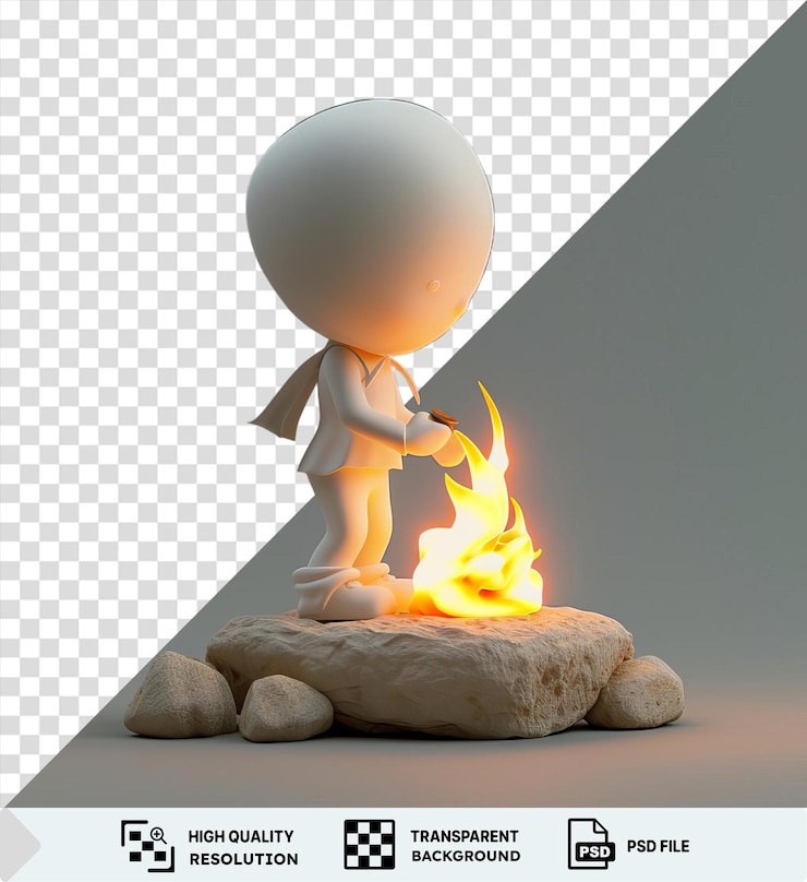 PSD isolated 3d arsonist cartoon setting a fire on a rock with a white balloon and a white foot in the foreground