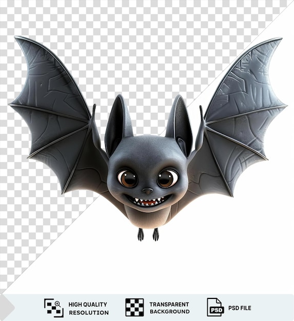 PSD isolated 3d cartoon bat flying with wings outstretched accompanied by a black bat and a black and white poster with a black eye visible in the foreground png psd