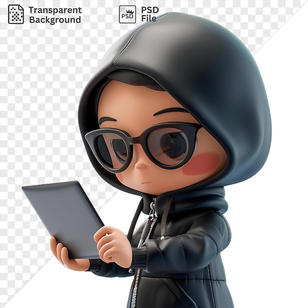 PSD isolated 3d cybercriminal cartoon committing identity theft using a tablet