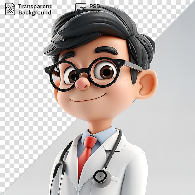 Изолированный 3d-карикатурный доктор, лечащий пациентов с черными очками, розовым носом и черными волосами, носящий красно-оранжевый галстук и показывающий розовое ухо