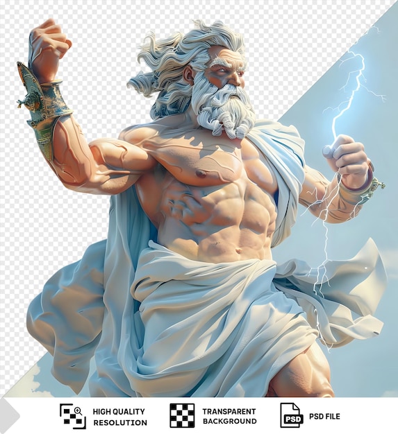 PSD isolated 3d greek cartoon god zeus throwing a lightning bolt