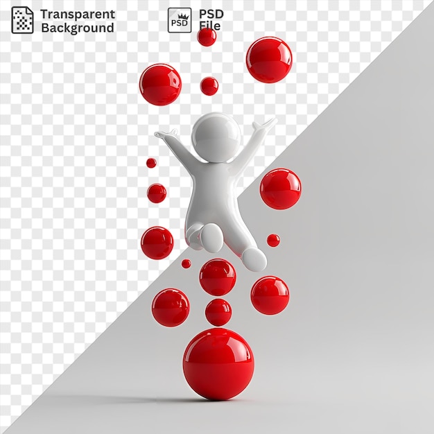 PSD isolated 3d juggler with balls in mid air accompanied by a white bear and a red ball with a white leg visible in the foreground