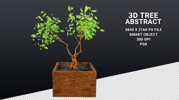 Isolated 3d model of a bush in a pot with abstract green leaves on a transparent background