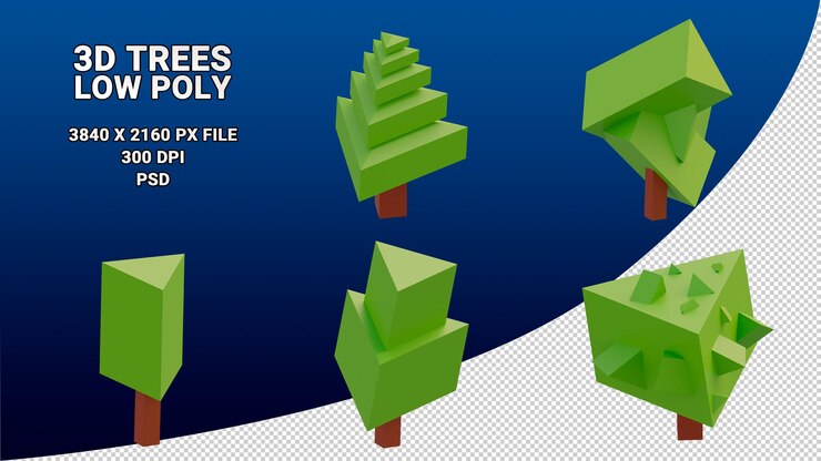 PSD isolated 3d model of a low-poly tree on a transparent background