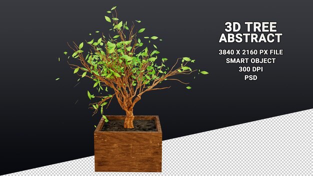 PSD 투명한 배경에 추상 녹색 잎이 있는 냄비에 덤불의 고립 된 3d 모델