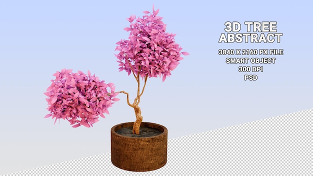 PSD Изолированная 3d модель дерева в горшке с абстрактными розовыми листьями на прозрачном фоне