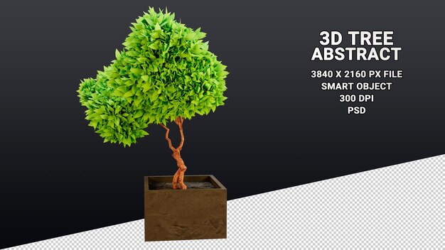 PSD modello 3d isolato di un albero in vaso con foglie verdi astratte su uno sfondo trasparente