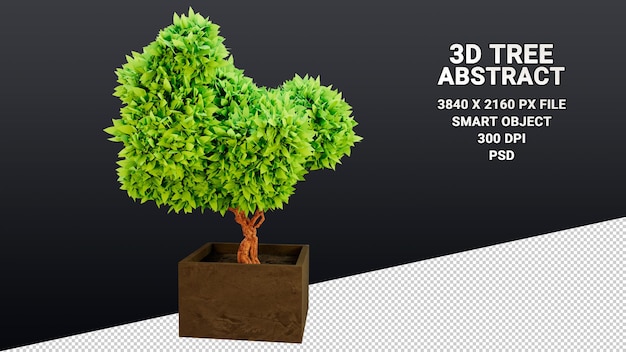 Isolated 3d model of a potted tree with abstract green leaves on a transparent background