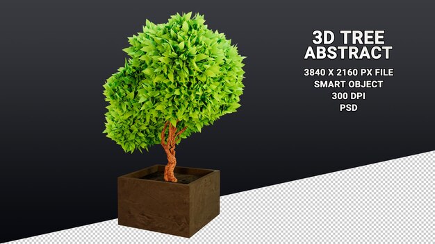 PSD modello 3d isolato di un albero in vaso con foglie verdi astratte su uno sfondo trasparente