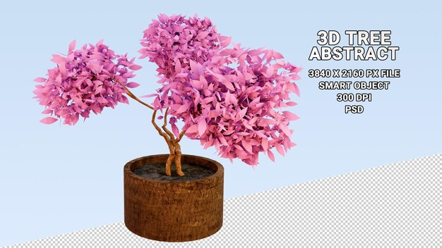 Isolated 3d model of a potted tree with abstract pink leaves on a transparent background