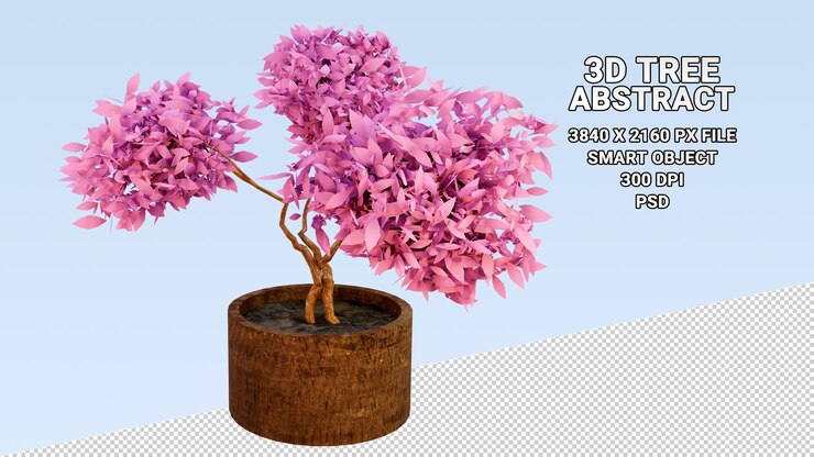 PSD isolated 3d model of a potted tree with abstract pink leaves on a transparent background